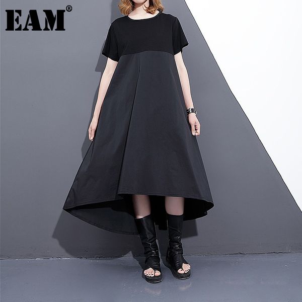 

[eam] spring summer round neck short sleeve black loose hit coor back long pleated stich dress women fashion f558 21512, Black;gray