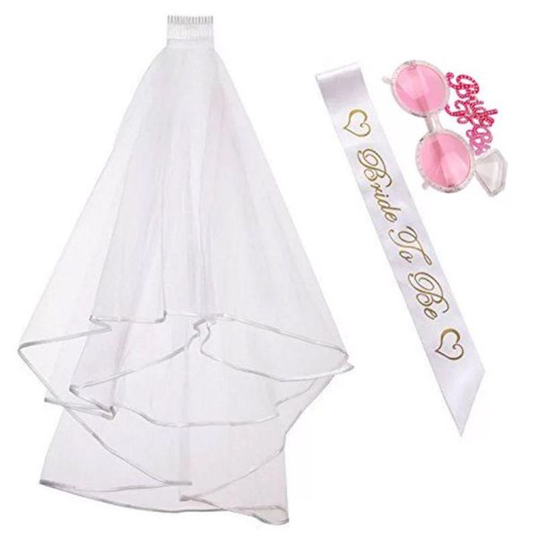 

bridal veils 5pcs/set bachelorette party kit double ribbon edge veil with comb glasses sash badge tattoos wedding hen night supplies, Black