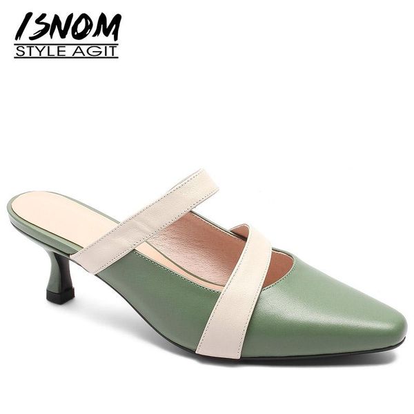 

slippers isnom high heels woman 2021 women slides shoes female genuine leather mules summer stitching wedding, Black