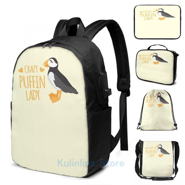 

backpack funny graphic print crazy puffin lady usb charge men school bags women bag travel laptop