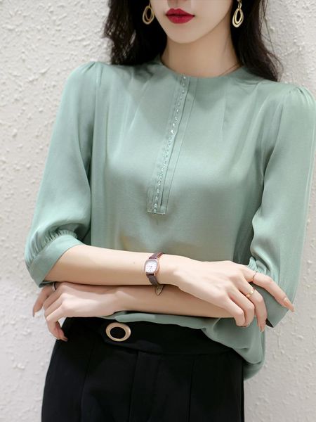 

women's blouses & shirts silk shirt mid-sleeve 2021 spring dress nail beaded water blue mulberry women, White