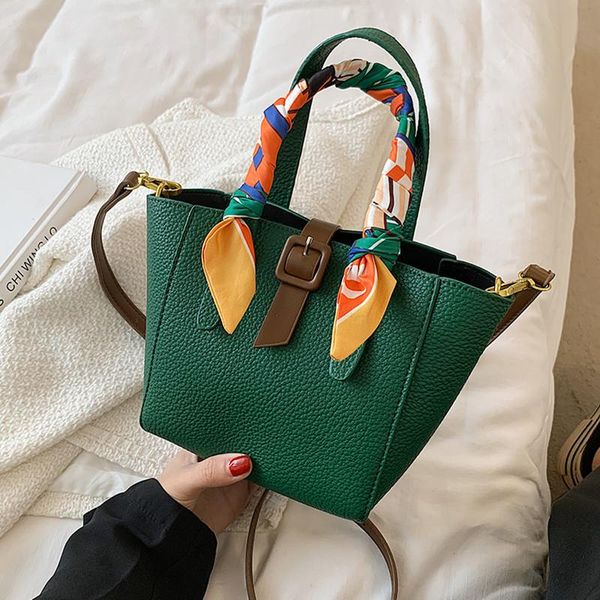 

evening bags 2021 fashion luxury ribbons design handbags for women green khaki shoulder pu leather bucket bag laides messenger sac