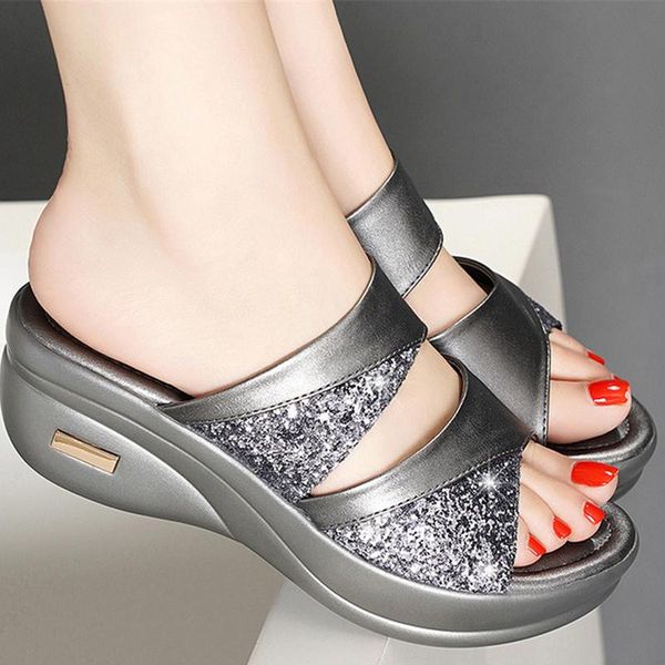 

wedges sandals for women summer beach shoes fashion glitter ladies platform slippers female crystal sandalia feminina dress, Black