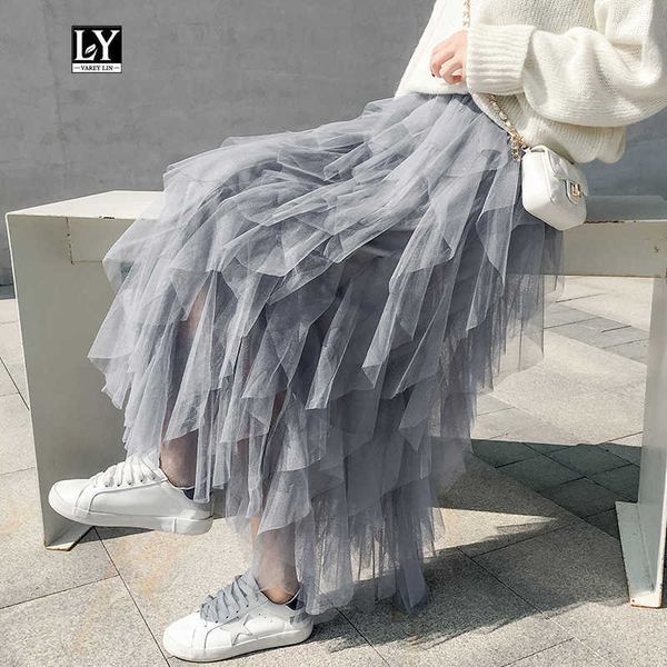 Ly Varey Lin Spring Tulle юбка буффант Длинные юбки Женщины Высокая талия Асимметричная тонкая черная женская плиссированная фея вечеринка 210526