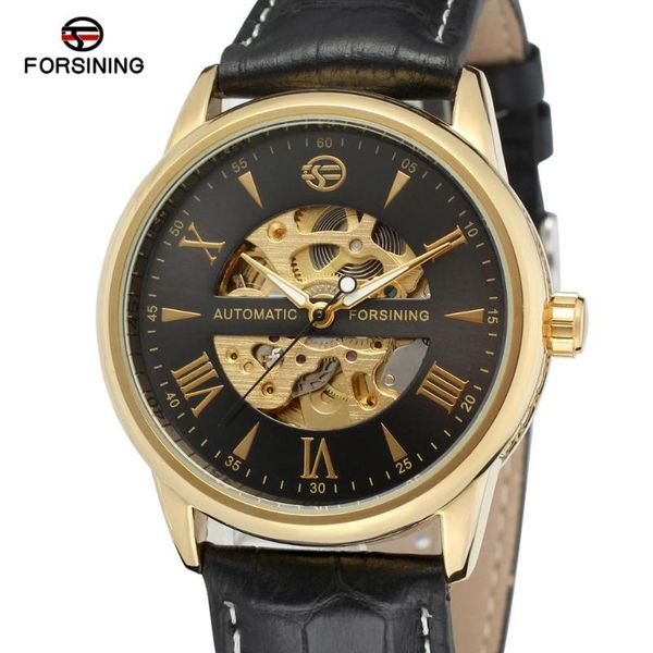 

forsining brand black leather relogio masculinos golden dial skeleton mens watches luxury automatic men mechanical watch wristwatches, Slivery;brown