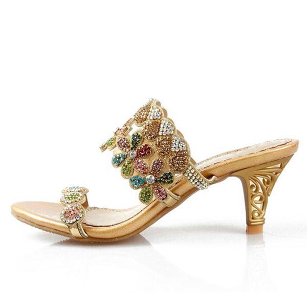 

rhinestone genuine leather kitten heels open the toe women summer slippers crystal lady fashion slides plus size 34-41 3608, Black