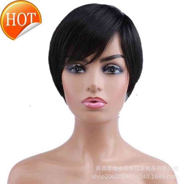 

wig short hair women's straight fashion wig cap customized, Black