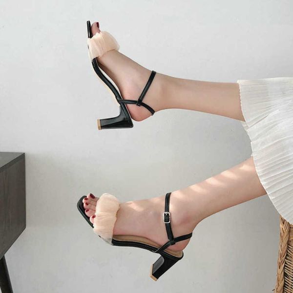 

sandals 2021 women fairy style gentle shoes mesh open-toe high-heeled, Black