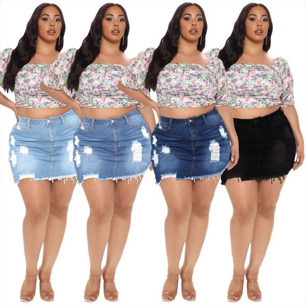 

plus size women skirt high waist hole irregular denim saia jeans midi xl  3xl 4xl 5xl, Black