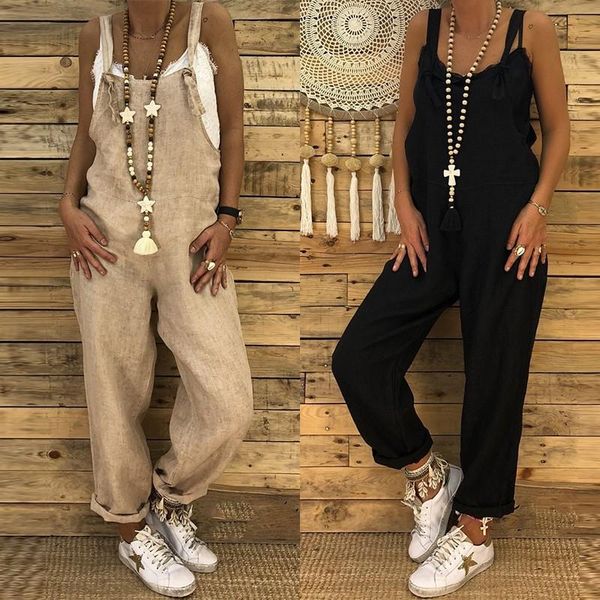 

women's jumpsuits & rompers 2021 vintage linen overalls oversized dungarees women harem pants female backless playsuits pantalon macaca, Black;white