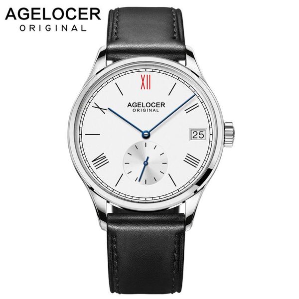 

agelocer swiss original men's watch luxury mechanical watches men hour date clock male leather dress wristwatches, Slivery;brown