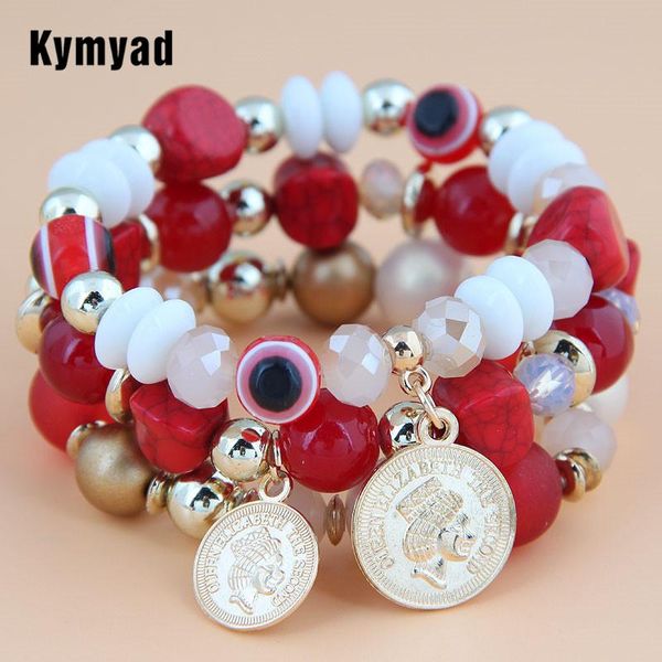 

kymyad (3pcs/set ) bohemia bracelet for women jewellery boho femme resin stone beads coins charms multilayer bracelets charm, Golden;silver