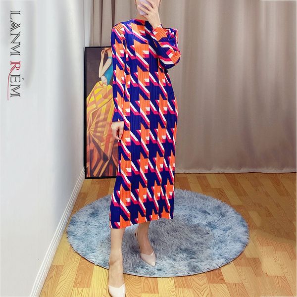 

women printing pleated big size dress round neck long sleeve loose fit female fashion tide spring autumn 2e1767 210507, Black;gray