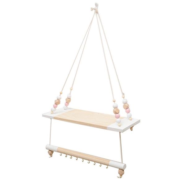 

bathroom shelves nordic children room decorative storage rack double wooden bead tassels wall rope hanging shelf home hook kids coat