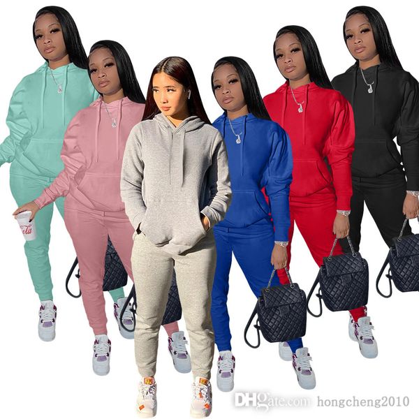 

running sporty active wear two piece pants suit athleisure outfit hooded drawstring long sleeve hoodie and jogger sweatpant tracksuits, White
