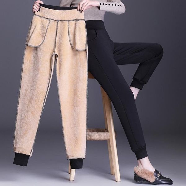 

women's pants & capris tie feet winter sweatpants high waisted thermal thicken velvet distressed pencil female plus 4xl streetwear, Black;white