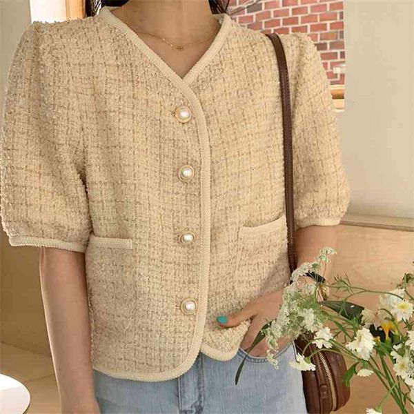 

women coat summer v-neck pearl buttons double pockets short sleeves tweed jacket crop korean sweet woolen outwear 210514, Black;brown