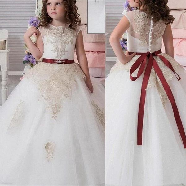 

girl's dresses ivory flower girl with golden lace applique sleeveless tulle wedding cute princess communion pageant kids gowns, Red;yellow