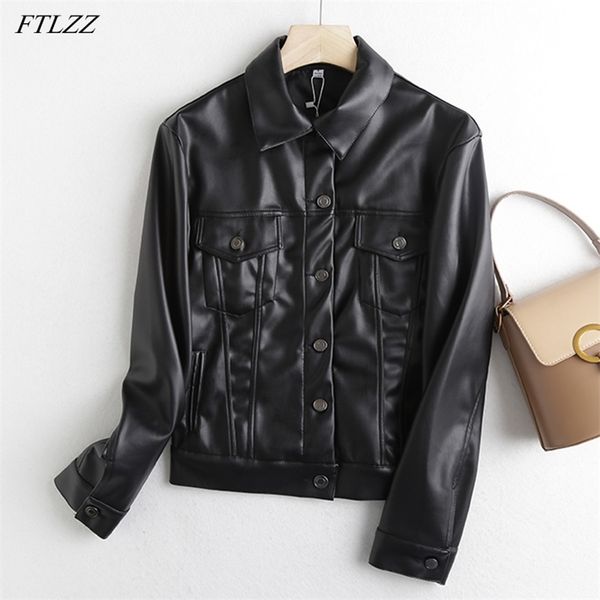 

autumn soft faux leather short jacket women spring lapel warm pu coat single breasted design moto biker outwear 210430, Tan;black