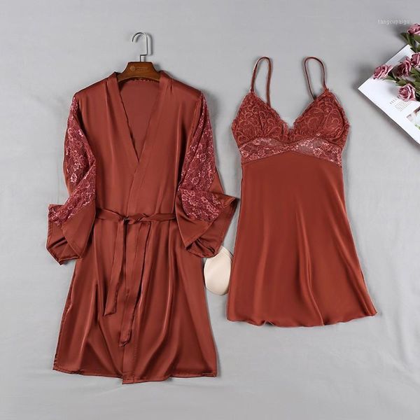 

patchwork lace wedding robe suit summer women sleepwear casual loose suspender nightdress two piece set silky home clothes women's, Black;red