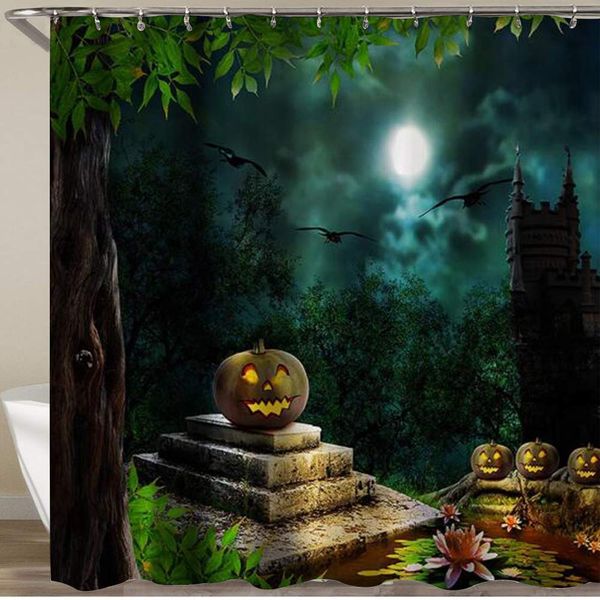 

shower curtain,halloween pumpkin field dark forest night old spooky tree bats castle,polyester fabric waterproof bath curtains
