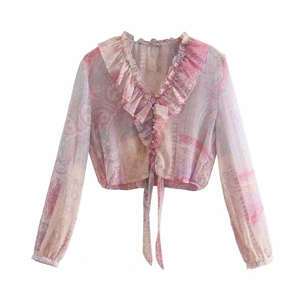 

summer women paisley print v neck cascading ruffle short shirt female nine quarter sleeve blouse lady crop blusas s8902 210430, White