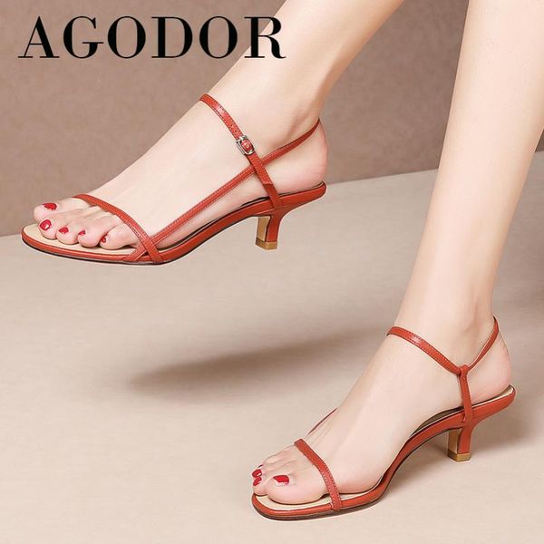 

sandals natural genuine leather woman shoes buckle med heels thin heel narrow band female footwear white size 43, Black