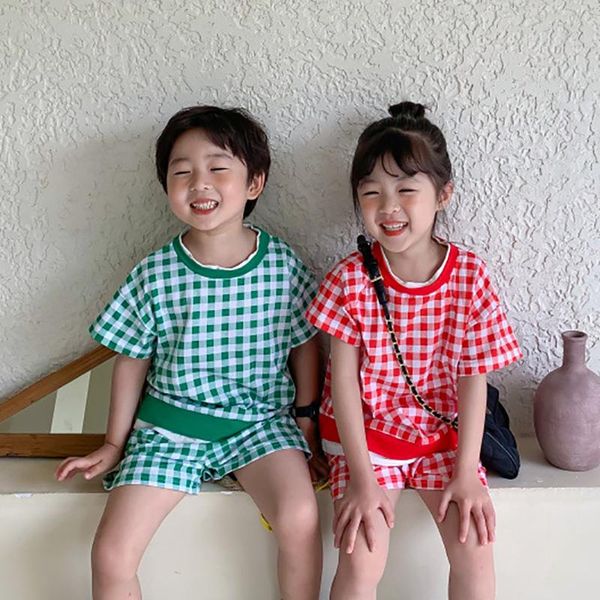 

clothing sets children's set 2021 summer male female treasure leisure plaid round neck t-shirt shorts two-piece suit, White