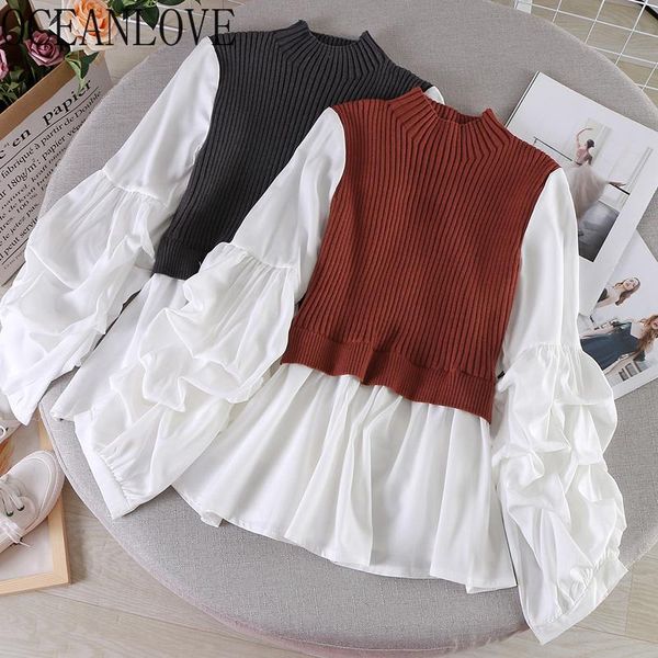 

women's sweaters oceanlove knitted patchwork pullovers fake two pieces women 2021 slim casual pull femme fashion 13518, White;black