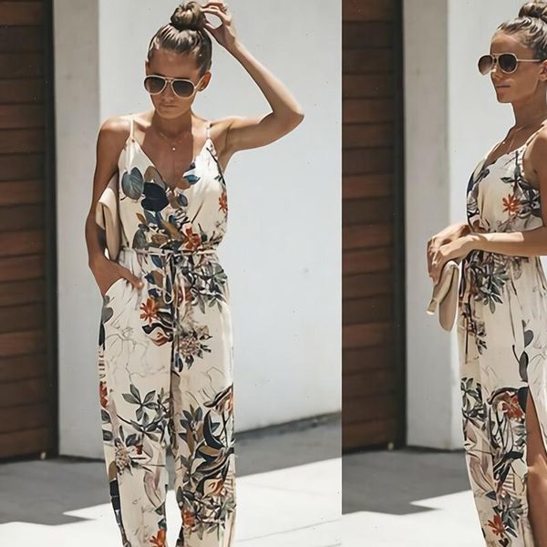 

80% saleswomen summer womens jumpsuits backless casual deep v floral print strappy, Black;white