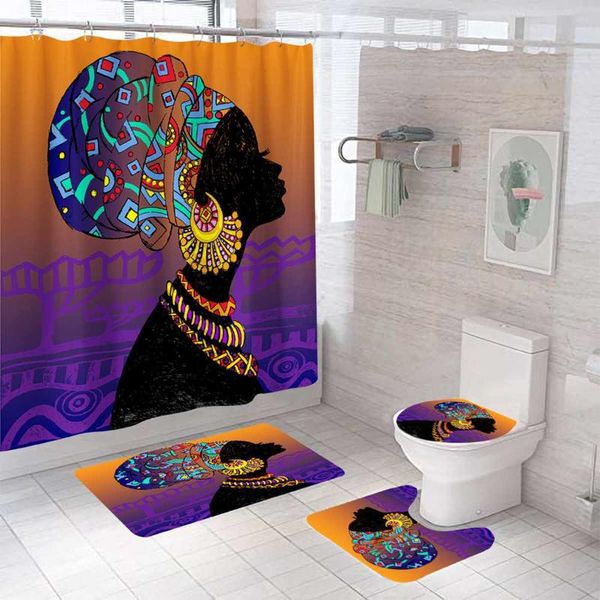 

african american women shower curtain set durable waterproof bath curtains toilet cover mat non-slip bathroom rugs