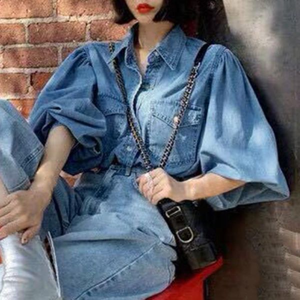 

women's jackets 2021 women fashion blue jeans shirts ladies casual denim puff long sleeve shirt loose slim fit coat, Black;brown