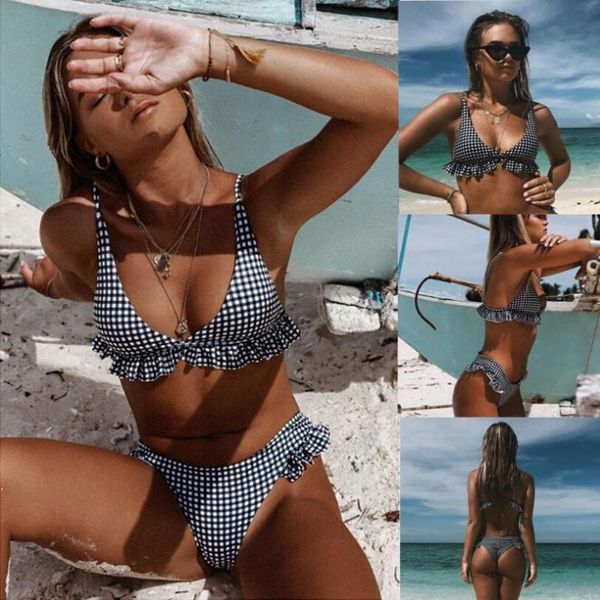 

one-piece suits plaid women bikini set 2021 push up ruffles padded swimwear bathing suit beachwear swimming w492