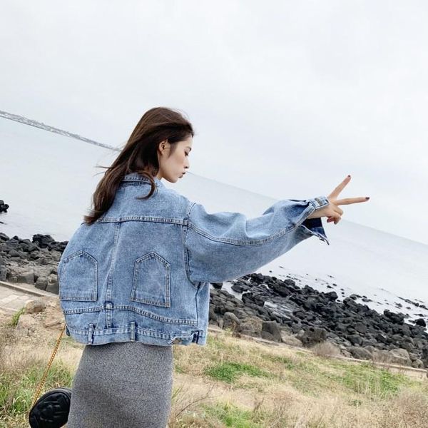 

women's jackets and autumn style loose-fit single-breasted bat sleeve short jeans coat student long jacket, Black;brown