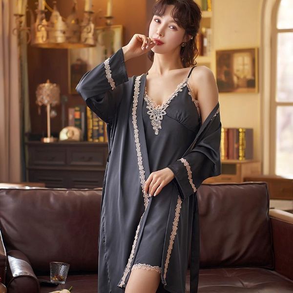 

women's sleepwear summer women robe set lace trim 2pcs satin silky slep suit female casual nighty&robe nightwear home clothes, Black;red