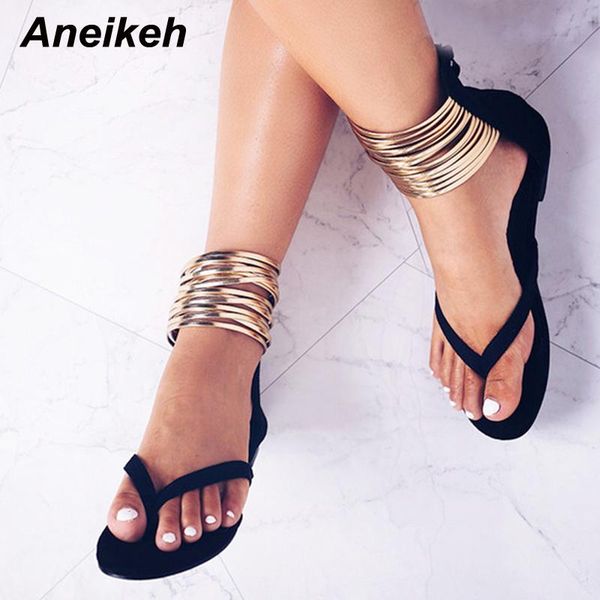 

sandals aneikeh 2021 summer sequin simple flat pointed toe clip open ribbon combination party bag heel roman casual, Black