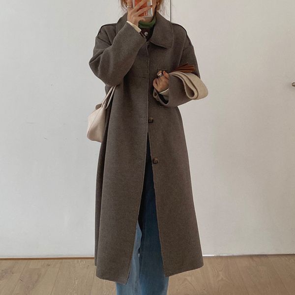 

wool solid single breasted chic fashion retro elegant straight long gentle blend loose casual woolen winter women coat, Black