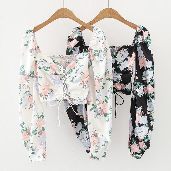 

women's blouses & shirts lucyever chiffon women blouse summer puff long sleeve print floral bandage corp elegant elastic vneck fema, White