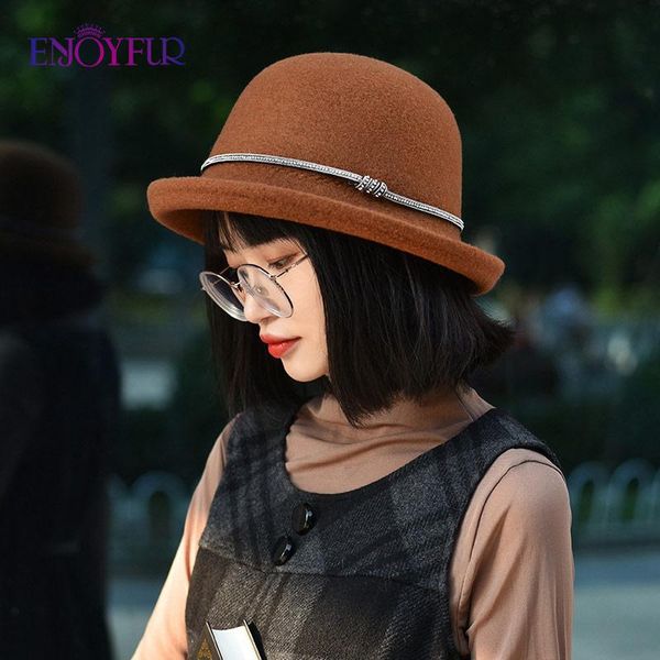 

stingy brim hats enjoyfur women autumn winter fedora real australian wool female bucket cap fashion rhinestone dome solid party felt hat, Blue;gray