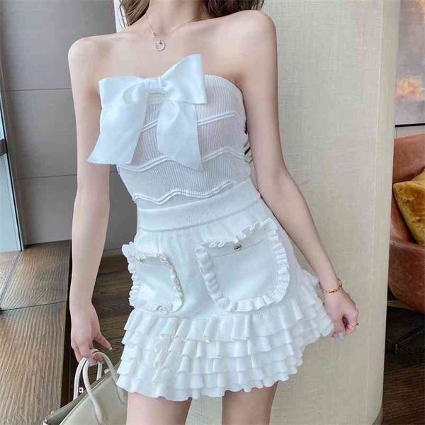 

summer 2 piece set women sweet bowknot knitted strapless + high waist ruffles cake mini skirt suit 210519, White