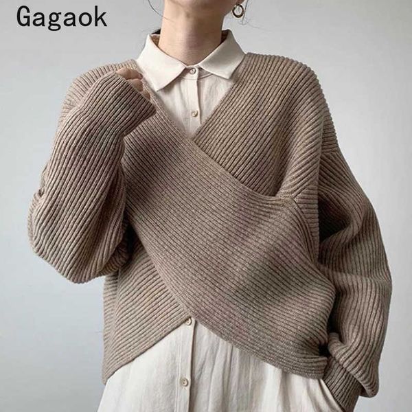 

knit korean women sweater spring autumn v-neck criss-cross solid swaters loose casual wild chic pullovers k3842 210531, White;black