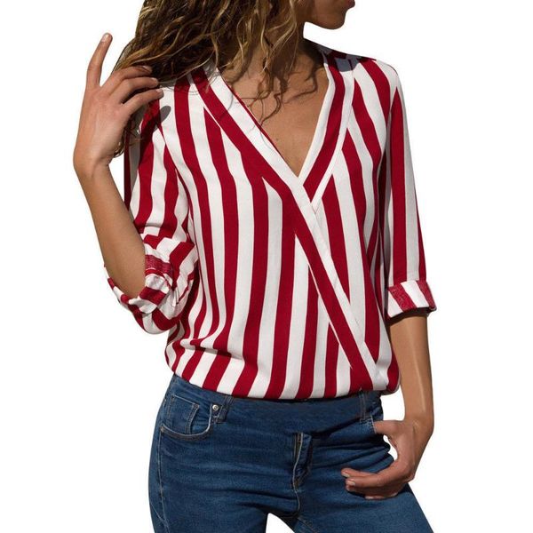 

women's blouses & shirts plus size white navy stripe v-neck elegant women shirt blouse for lady casual
