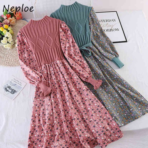 Nelloe Chic Print Трикотажные лоскутные поддельные две части женское платье осень A-линии фонарика платья рукава полусодержащий воротник Vestidos 210423