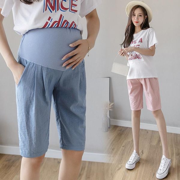 

summer thin cotton linen maternity half pants casual 1/2 short clothes for pregnant women pregnancy belly shorts bottoms, White