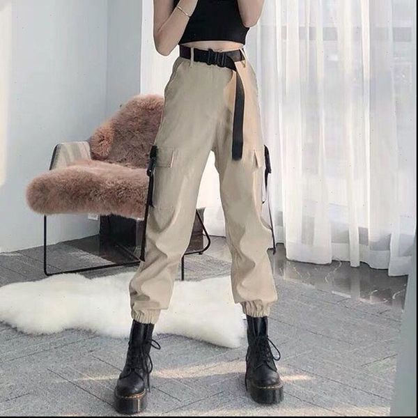 

fashion womens capris women self belted elastic waist cargo pants female loose streetwear casual plus size korean style trousers, Black;white