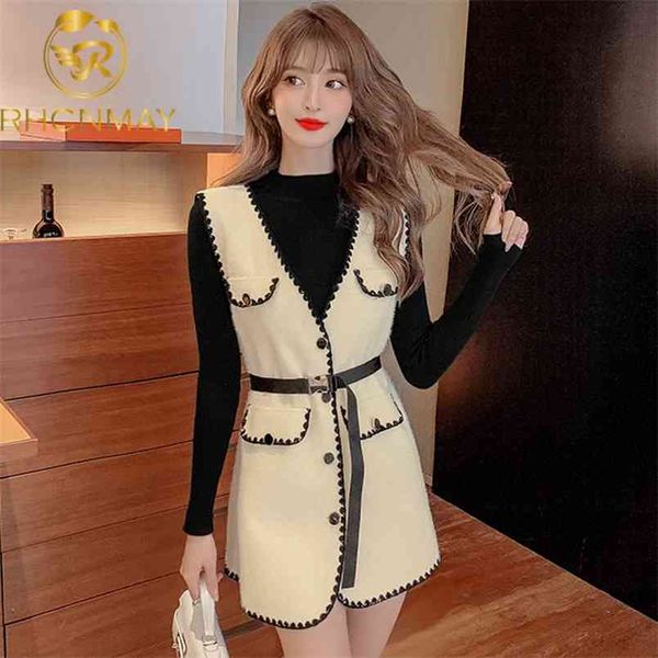 

autumn and winter women two piece set long sleeve sweater + cashmere celebrity temperament vest skirt 210506, White