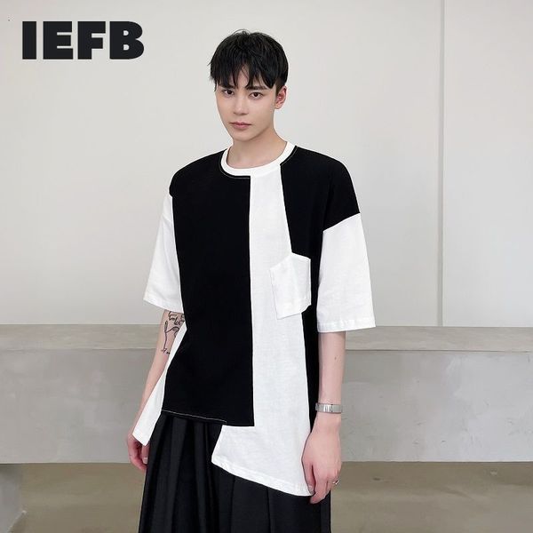 

iefb contrast color patchwork short sleeve men's t-shirts streetwear loose o-neck tee camisetas hombre back vent clothing 210524, White;black
