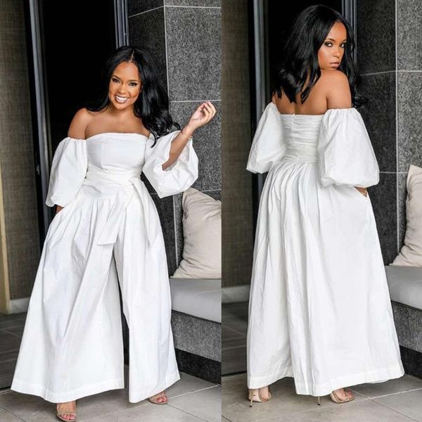 

plus size wide leg loose womens romper overalls long sleeve pants white off shoulde playsuit rompers jumpsuits, Black;white