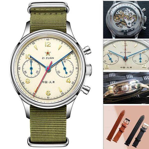

fashion 38mm men chronograph watches sapphire mechanical 1901 seagull 1963 movement military pilot mens chronograph watch 40mmg, Slivery;brown