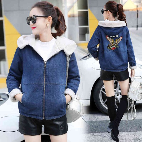 

women winter autumn denim jackets loose plus size 4xl korean hooded warm jean coats wool liner thicker female jacket outwear, Black